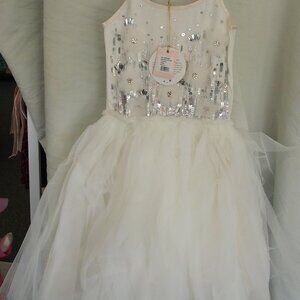 Tutu Du Monde Dress in white with silver accents and floral details, NWT